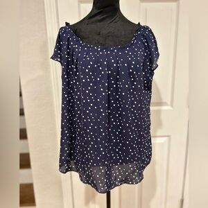 Lauren Conrad Navy Blue Polka Dot Sheer Blouse Keyhole Back Tie, Size Large
